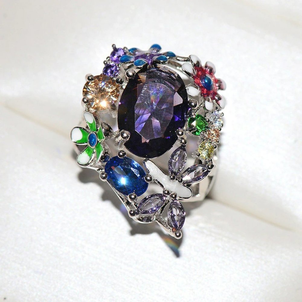 Boho Big Rainbow Flower Ring